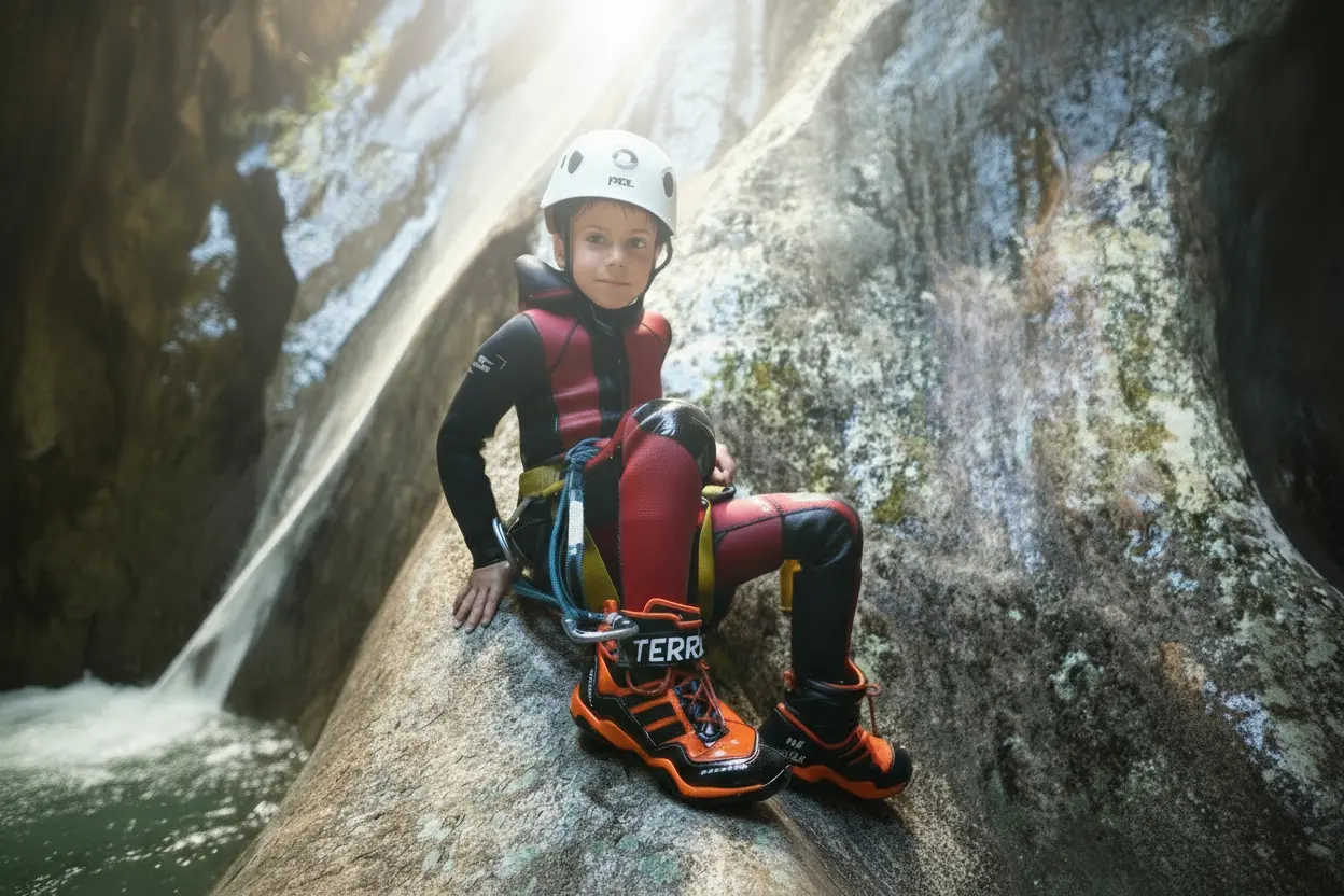 Young boy portrait in canyoning gear at Bled Slovenia waterfall
