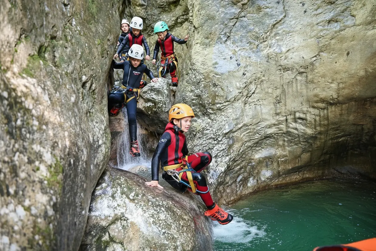 Kids group climbing rocks during family canyoning tour in Bled Slovenia
