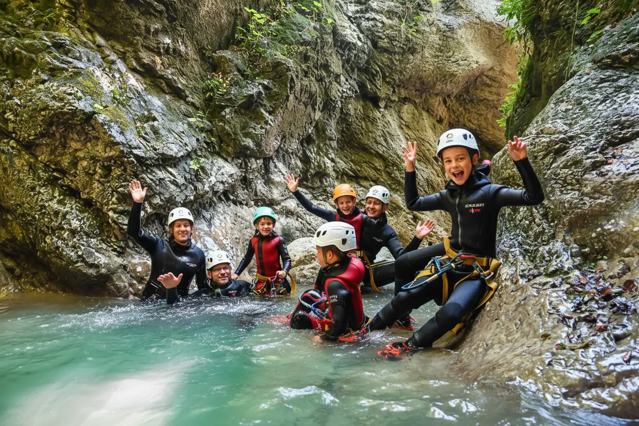 Happy family canyoning group in Bled Slovenia with kids in turquoise water canyon