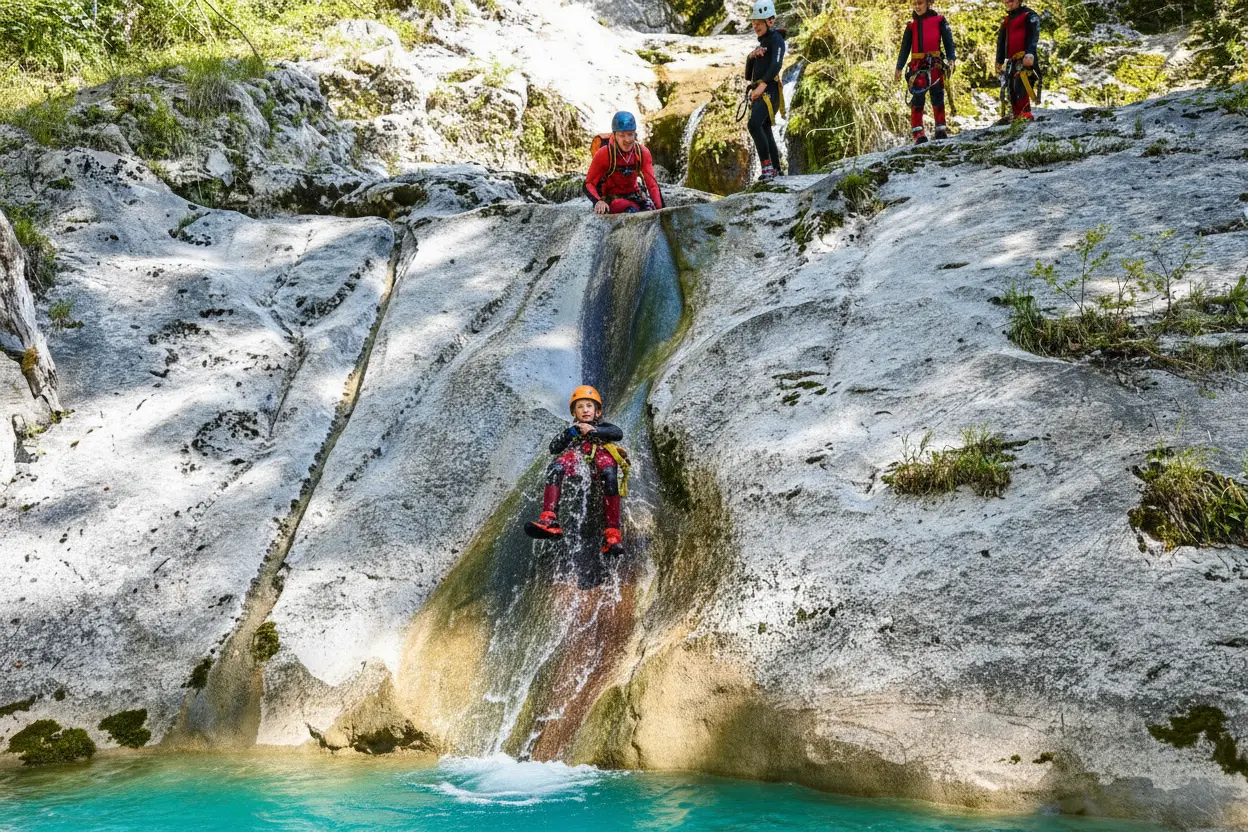Child sliding down natural water slide in Bled canyoning adventure Slovenia