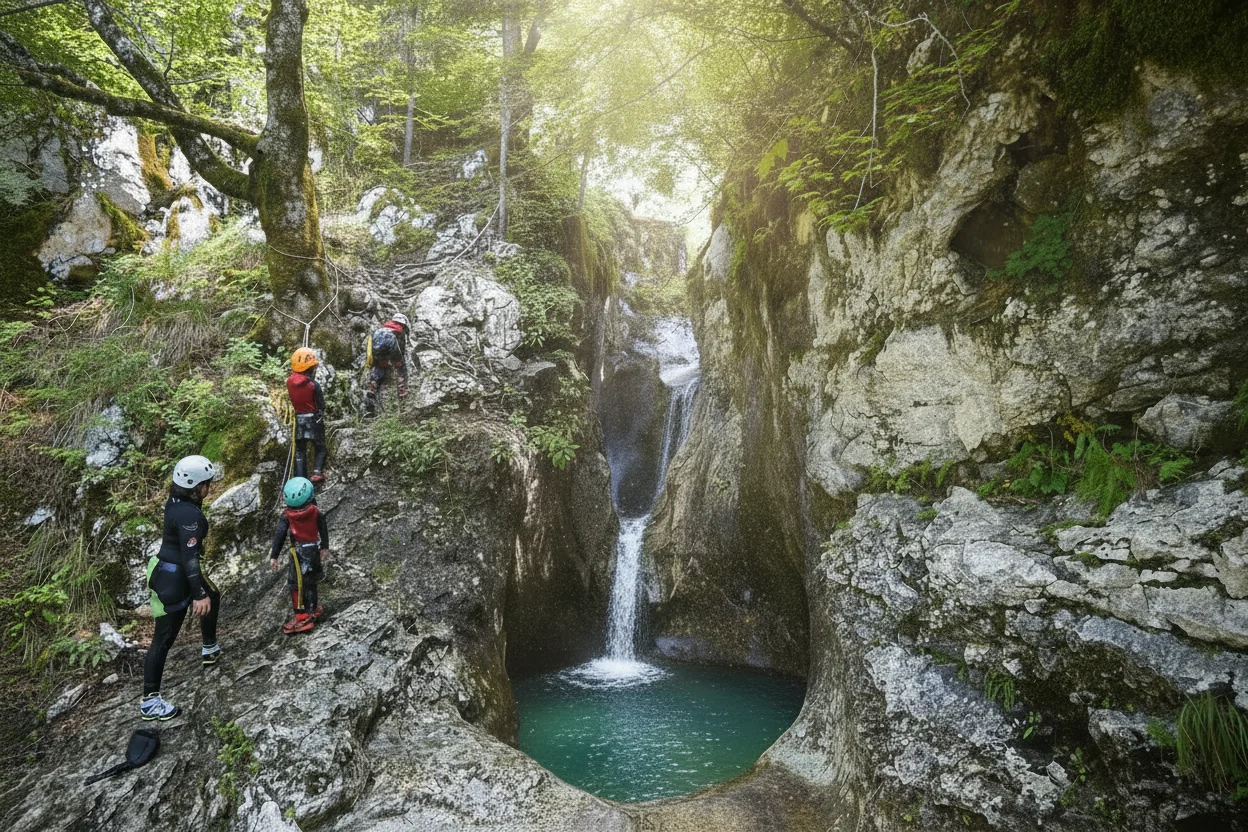 Family canyoning Bled - children jumping into crystal clear waterfall pool with certified guide